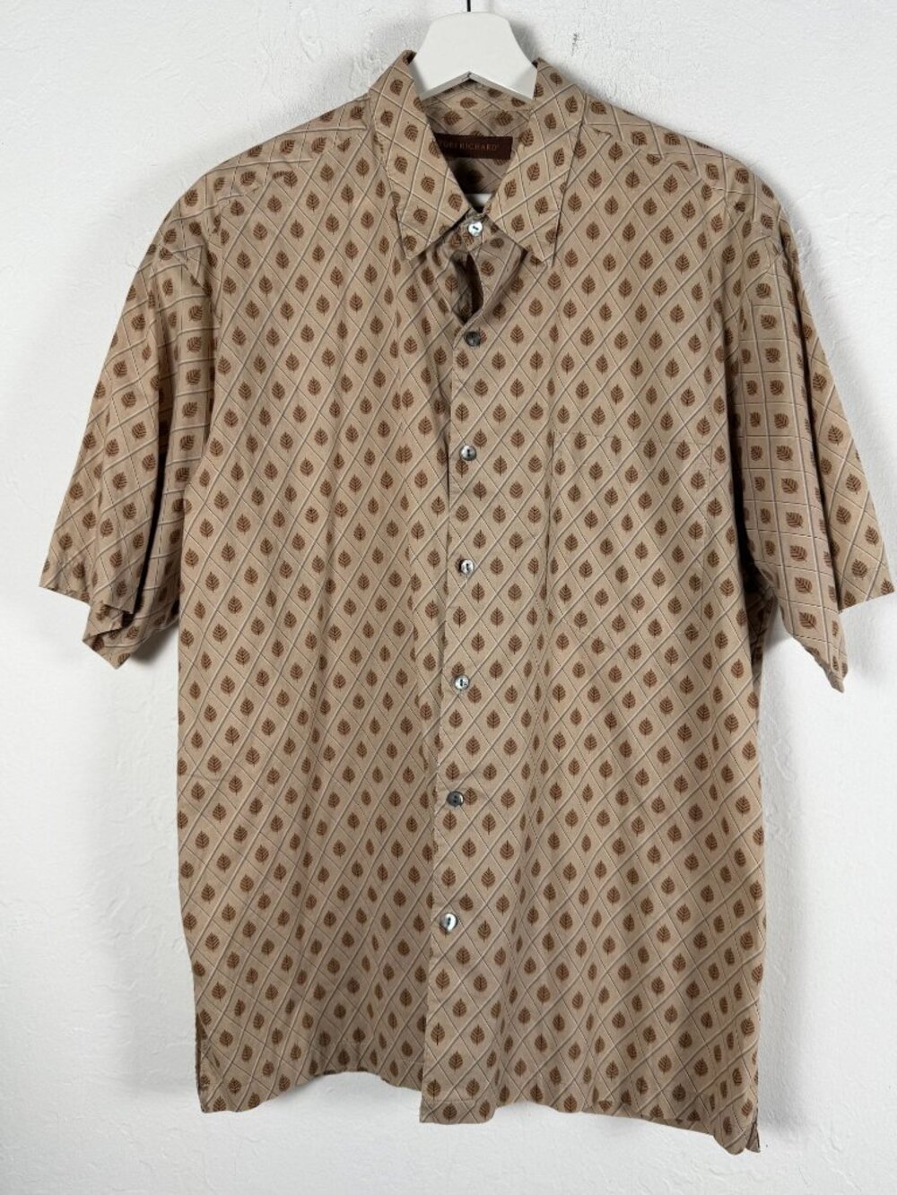 Tori Richard Mens Tan Geometric Leaf Diamond Print Cotton Lawn Aloha Shirt Large